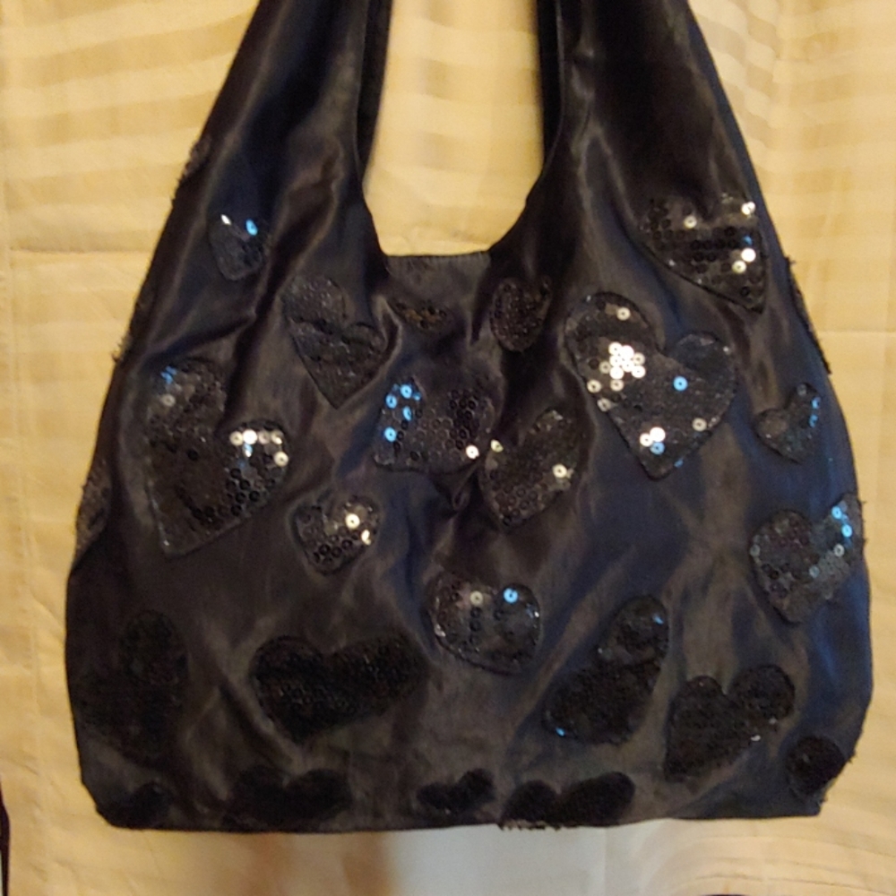 Black Hobo Bag with Sequin Heart Appliques